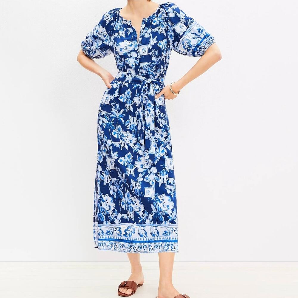 Ann Taylor Loft Women’s Small Petite Dress Midi Puff Short Sleeve Tie Waist